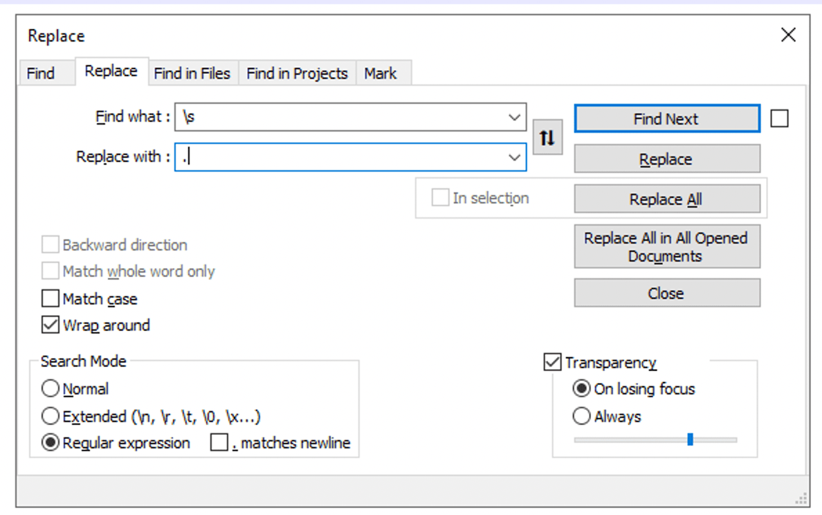 Notepad++ Replace space with Dot Code2care